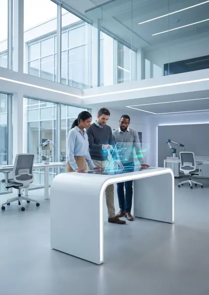 Three diverse business professionals, two men and a woman, standing around a white modern desk, pointing and looking at a glowing, transparent holographic display showing data charts in a bright office.