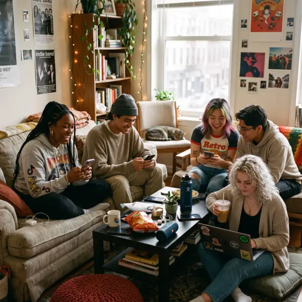 Five diverse young adults sitting casually in a cluttered, cozy living room; four are looking at their smartphones and laughing, while one uses a laptop on the floor.