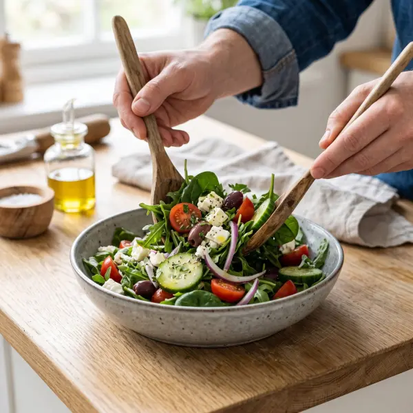 Close-up shot of a person's hands using two wooden spoons to toss a fresh salad containing spinach, cherry tomatoes, cucumbers, red onions, olives, and feta cheese in a speckled ceramic bowl.
