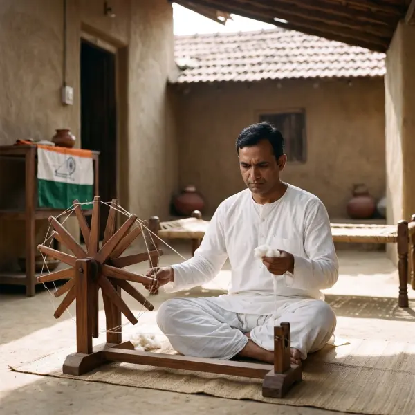 An Indian man sitting on the floor in a village home, spinning cotton yarn using a traditional wooden charkha wheel, with an Indian flag in the background.