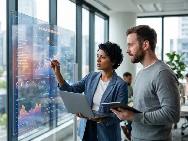 A businesswoman points with a stylus at complex data charts on a large, glowing transparent holographic screen, while a businessman stands beside her holding a tablet in a bright, modern office.