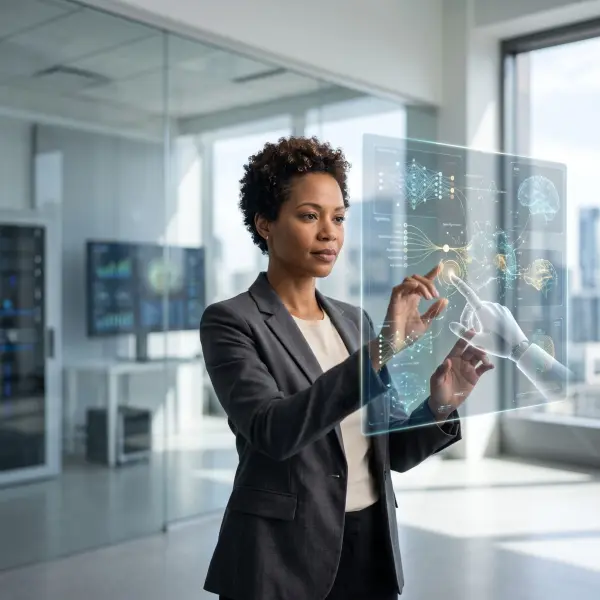 A professional businesswoman in a grey suit stands in a modern office, reaching out to touch a large, glowing transparent holographic display showing complex AI data and brain models.