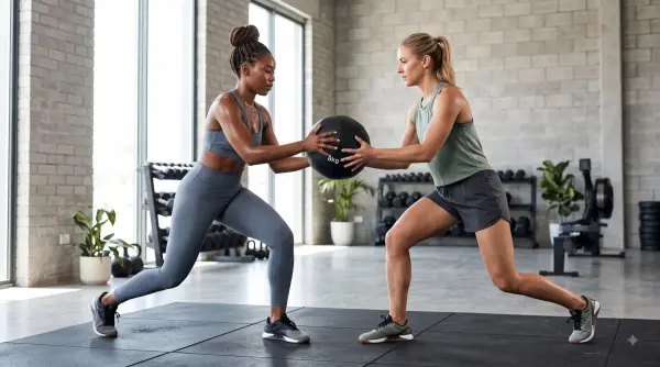Two athletic women in activewear passing an 8kg medicine ball during a partner workout in a gym.