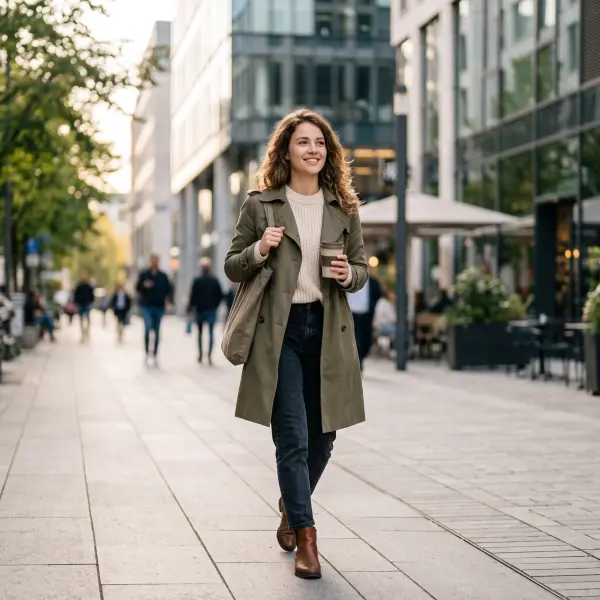 A smiling young woman in an olive trench coat walking briskly down a paved city pedestrian street holding a reusable coffee cup.