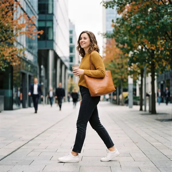 A cheerful young woman wearing a yellow sweater and carrying a brown tote bag walking down a city pedestrian street while holding a coffee cup.