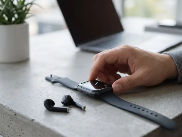 Close-up of a person's hand interacting with the touchscreen of a black smartwatch lying on a textured grey desk, with a pair of black wireless earbuds and a blurred laptop in the background.