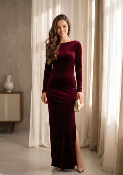 A full-length portrait of a smiling young woman with long wavy brown hair wearing a long-sleeved, floor-length burgundy velvet dress and holding a small gold clutch, standing in a sunlit room.