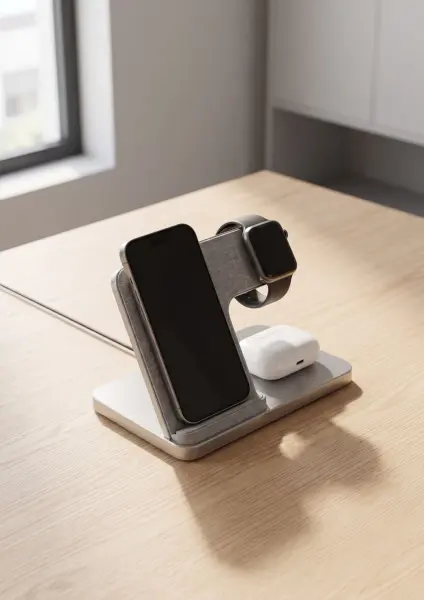 A grey fabric and metal wireless charging station on a wooden desk, holding a black smartphone, a smartwatch, and a white wireless earbuds case.