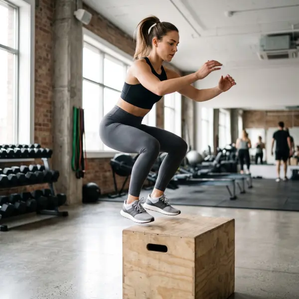 A focused, athletic woman in grey activewear caught mid-air, jumping onto a wooden plyometric box during an intense workout in a bright, modern fitness studio.