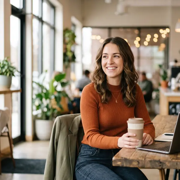 A happy young woman wearing a rust-colored sweater sits at a wooden table in a brightly lit cafe, holding a reusable coffee cup next to her laptop and smiling.