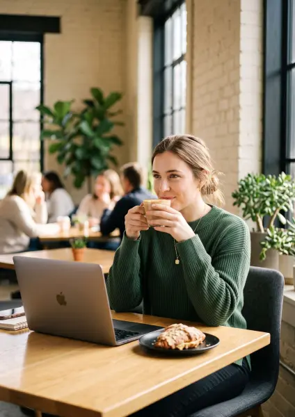 A young woman in a green sweater smiles contentedly as she sips from a glass coffee mug at a cafe table, with her laptop open and a croissant on a plate in front of her.