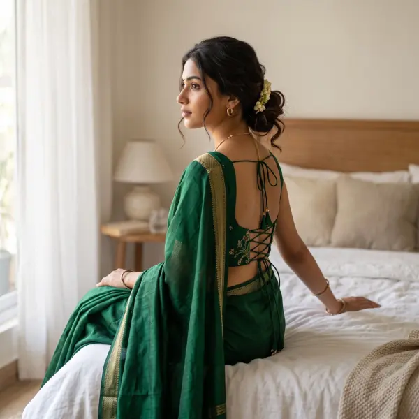 A beautiful Indian woman viewed from the back and side, wearing a rich green saree with gold embroidery and a backless string-tied blouse, sitting on a bed looking towards a bright window.