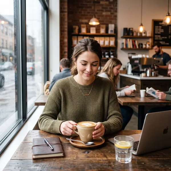 A young woman wearing a green sweater sitting at a wooden cafe table near a window, smiling as she holds a cup of coffee with a laptop, notebook, and glass of water in front of her.