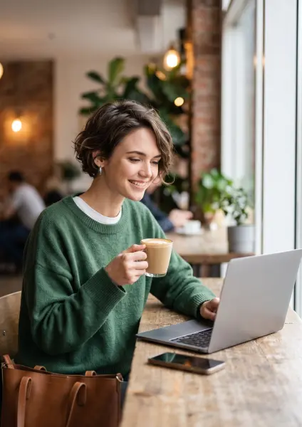 A young woman with short hair wearing a green sweater sits at a wooden cafe table, smiling as she holds a latte cup and types on a silver laptop.