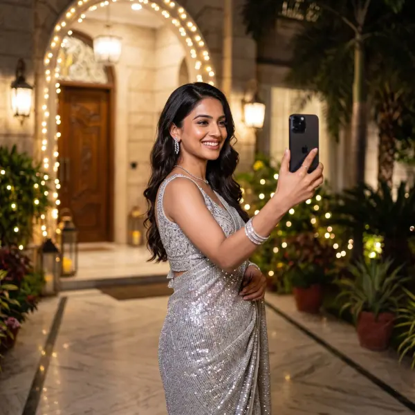 A beautiful young Indian woman in a sparkling silver sequin saree taking a selfie with her smartphone, smiling happily outside a building decorated with festive string lights at night.