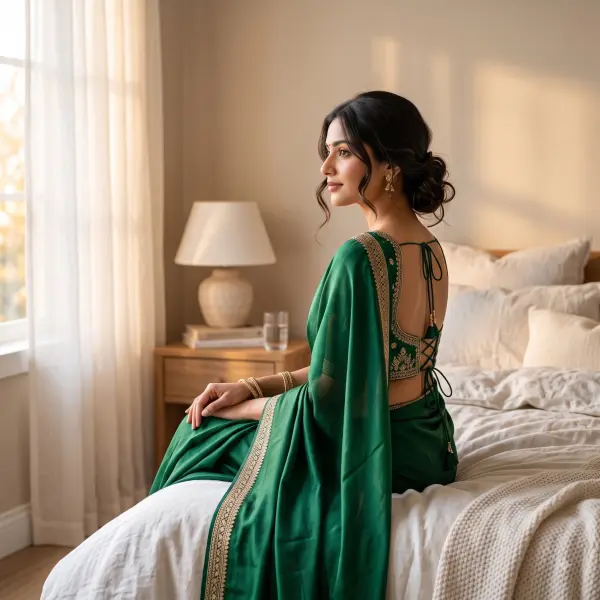 Elegant Indian woman in green silk saree and backless blouse sitting on bed looking out a bright window.