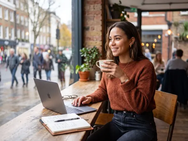 A young woman in a rust-colored sweater sits at a wooden window counter in a cafe, smiling and looking out at the city street while holding a coffee cup and typing on a silver laptop.