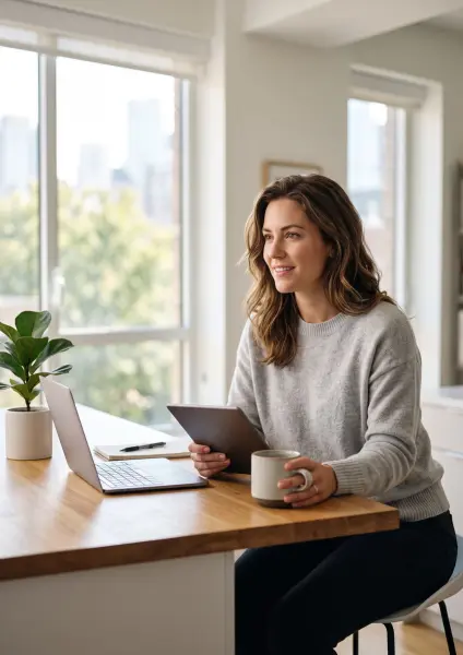 A young woman wearing a grey sweater sits at a wooden kitchen counter by a large window, smiling as she holds a tablet and coffee mug next to her laptop.