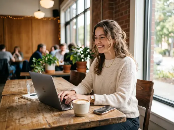 A cheerful young woman in a cream sweater sits at a wooden cafe table near a large window, smiling brightly as she types on a silver laptop with a coffee cup, notebook, and smartphone nearby.