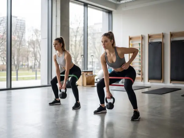 Two athletic women in sports bras and leggings performing synchronized kettlebell goblet squats while wearing colorful resistance bands around their legs in a bright, modern fitness studio.