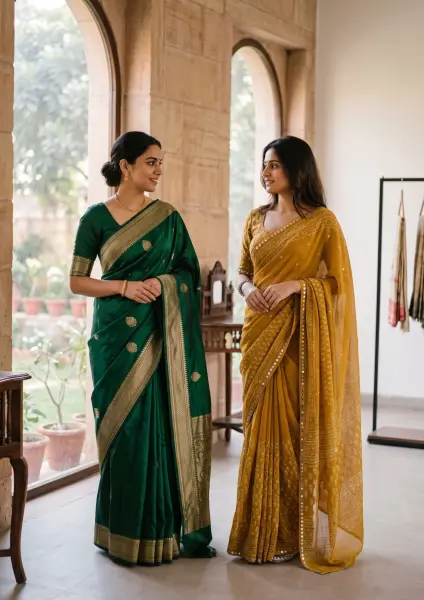 Two beautiful Indian women standing in an arched indoor hallway, smiling at each other; one wears a deep green silk saree and the other wears a mustard yellow saree, both with gold detailing.
