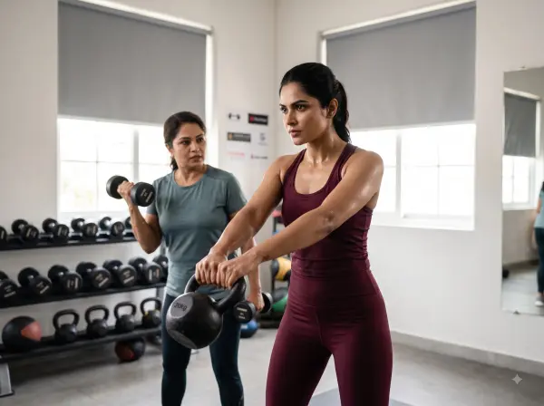Woman lifting a kettlebell with a personal trainer in a gym with dumbbells in the background.