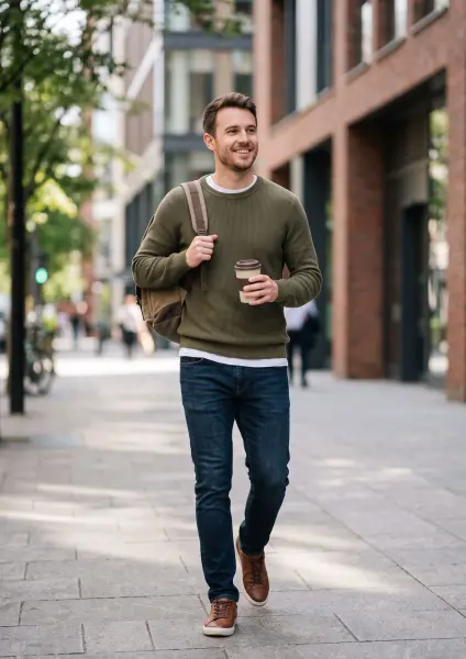 A smiling young Caucasian man walking towards the camera on a wide city sidewalk, wearing jeans, an olive sweater, and a backpack, while holding a reusable coffee cup.