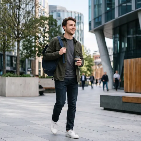 A cheerful young man in a green shirt walking towards the camera on a modern city street, holding a coffee cup and wearing a backpack.